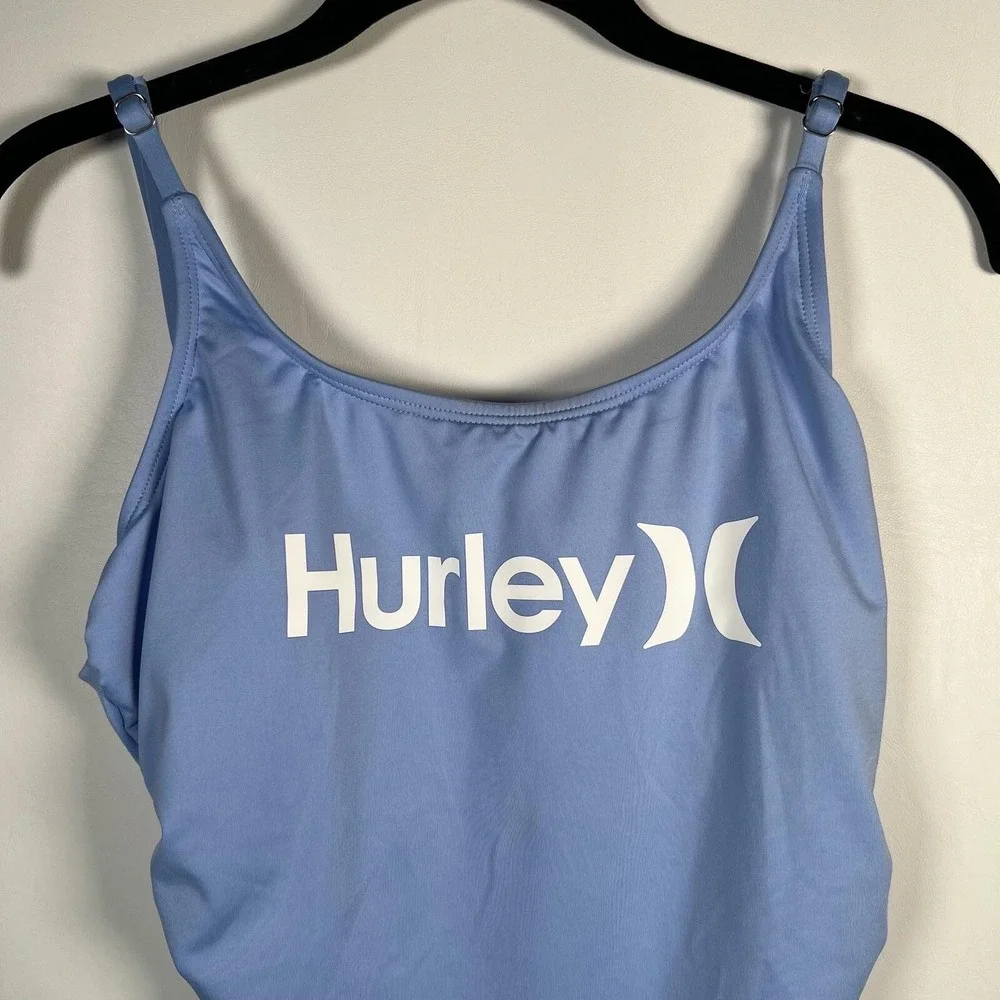 NWT Hurley Light Blue One Piece Swimsuit Front Logo Ruched Sides HURN23017 LARGE